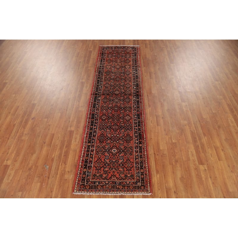 All-Over Geometric Hamedan Persian Runner Rug Handmade Wool Carpet - 2'8" x 9'9"