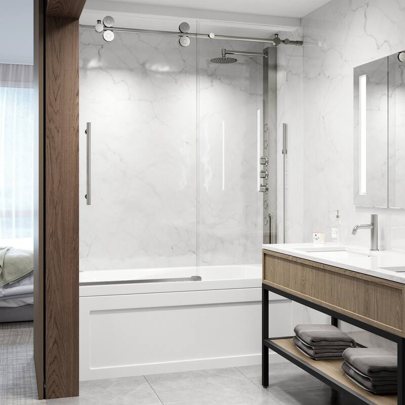 VIGO Elan 56" to 60" W x 66" H Frameless Sliding Tub Door - Stainless Steel