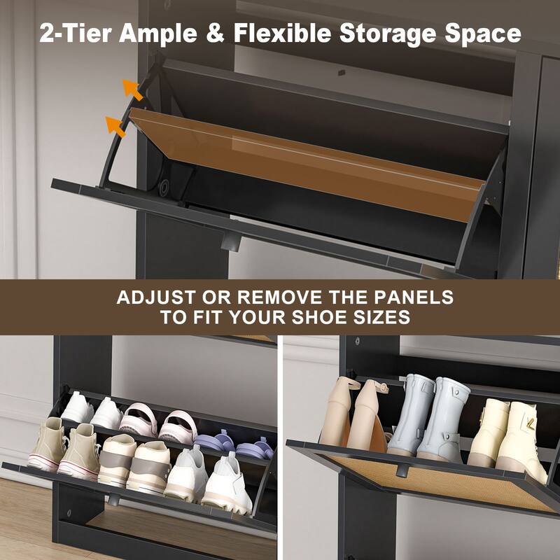 Anmytek 24 Pairs Large White Rattan Shoe Storage Cabinet with 4 Flip Drawers Narrow Shoe Storage Organizer for Entryway