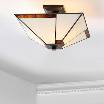 Juliana 15.7" Tiffany-Style Glass/Metal LED Semi-Flush Mount, Ivory/Black by JONATHAN Y