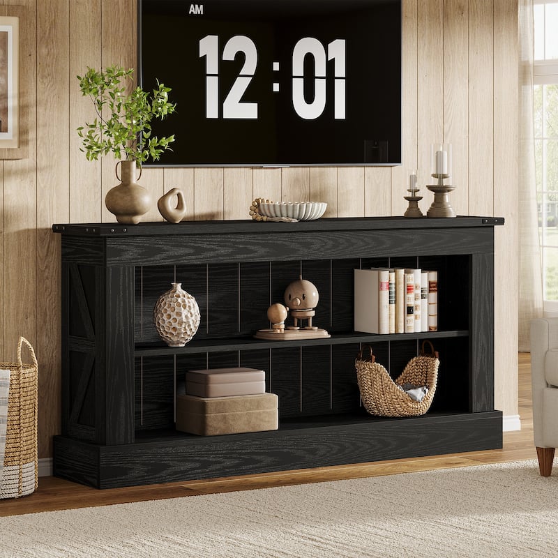 Mid Century Modern TV Stand with 3 Tiers Storage Shelves, Fits TVs Up to 75 Inches, Living Room Entertainment Center - Black