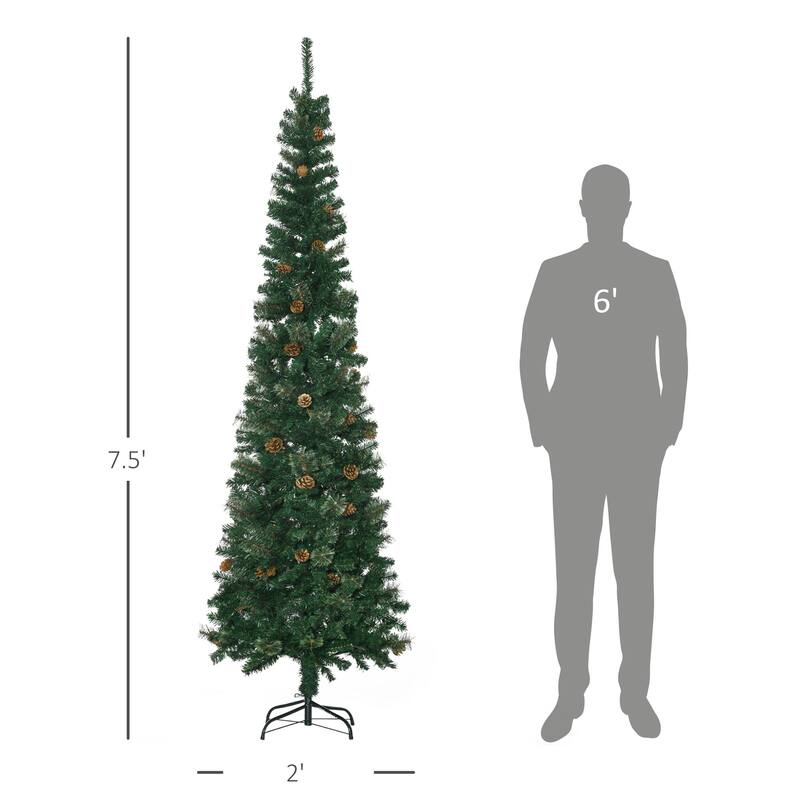 7.5ft Slim Pine Pencil Christmas Tree with Pine Cones, Easy Assembly for Small Spaces