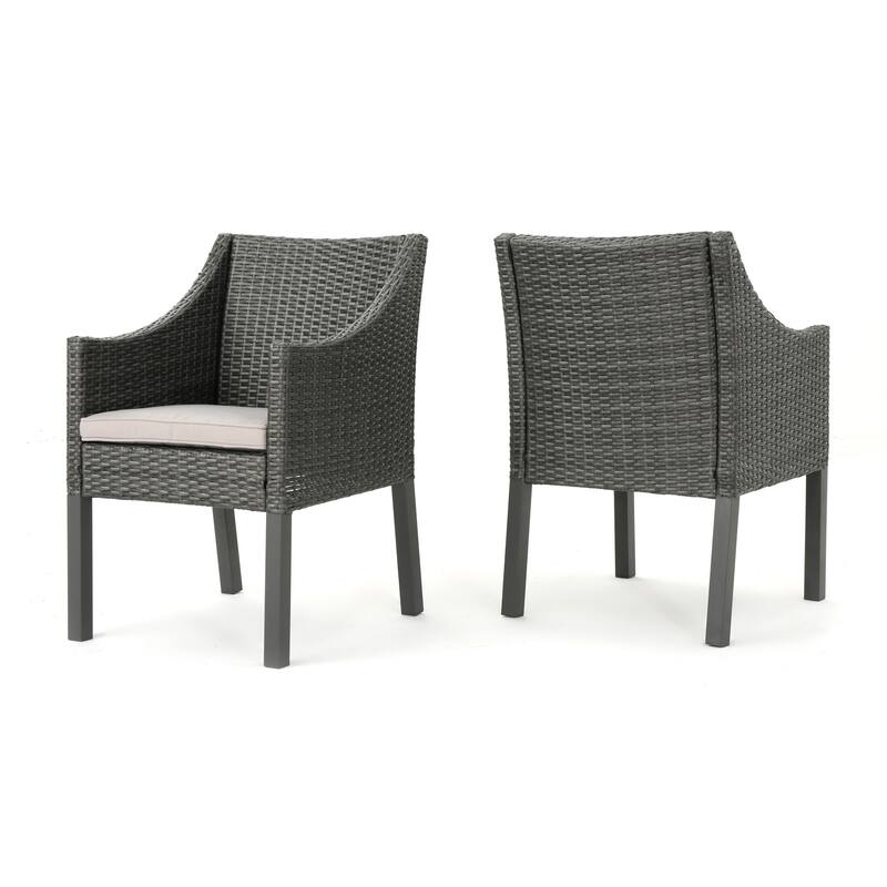 Outdoor Dining Chair, Sloped Arms, Waterproof Rattan, Gray and Silver