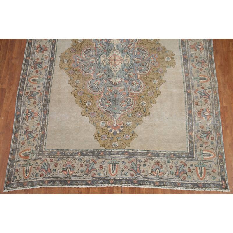 Hand Knotted Oriental 100% Wool Carpet Traditional Medallion Beige & Ivories Tabriz Area Rug - 10' 6'' X 7' 11''