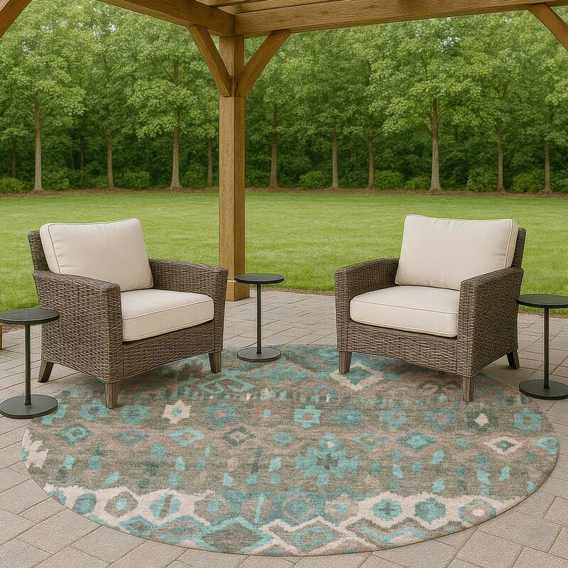 Machine Washable Indoor/ Outdoor Boho Moroccan Chantille Rug - Teal - 8' x 8'
