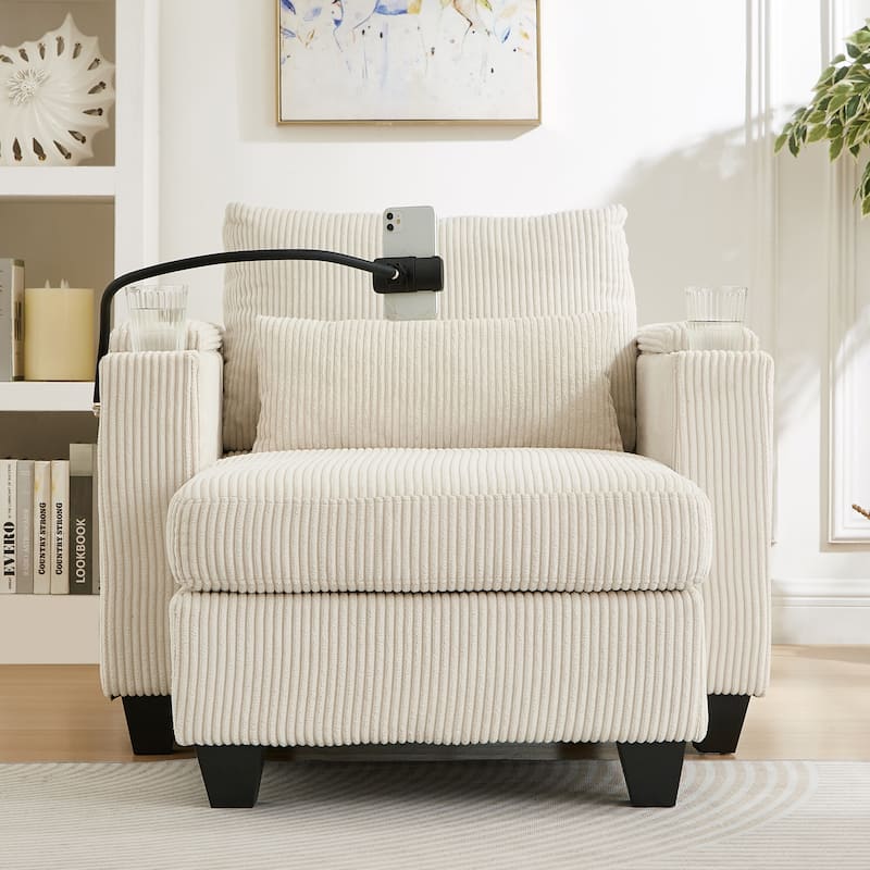 Roomfitters Convertible Corduroy Sofa Chair Bed with USB Ports, Cup Holders, Phone Slot and Storage for Living Room