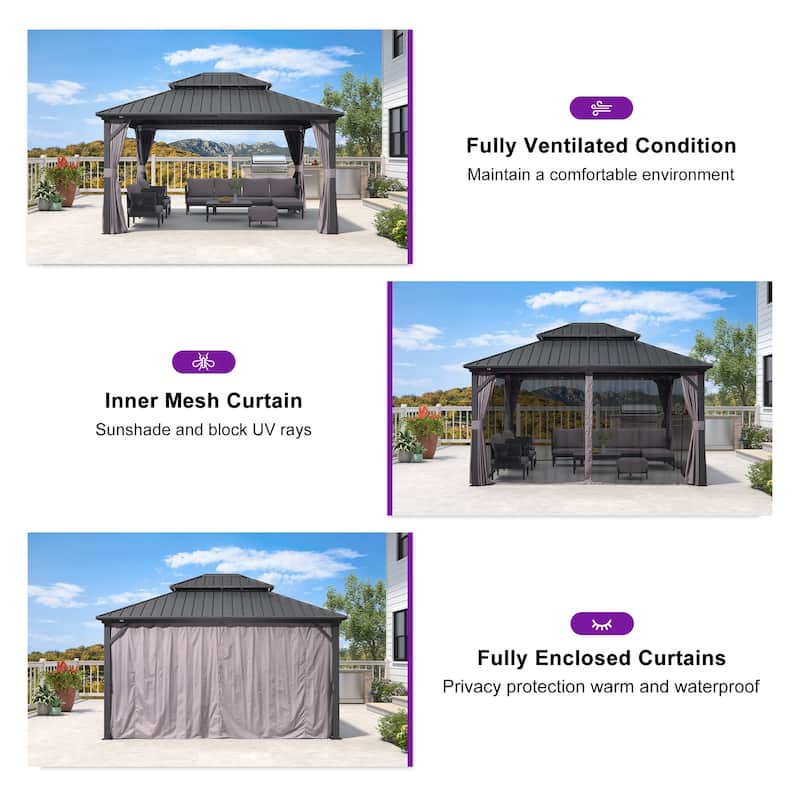 PURPLE LEAF Gazebo Outdoor Gazebo with Dual-Layer Galvanized Steel Double Roof Aluminum Gazebo with Netting and Curtains Grey