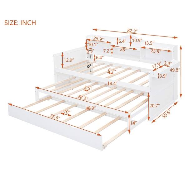 Wooden Twin XL Daybed Sofa Bed with 2 Twin Trundles and USB Charging