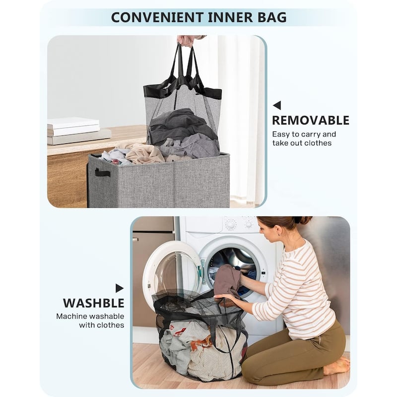 Double Laundry Hamper with Lid and Handle, Laundry Basket 2 Section