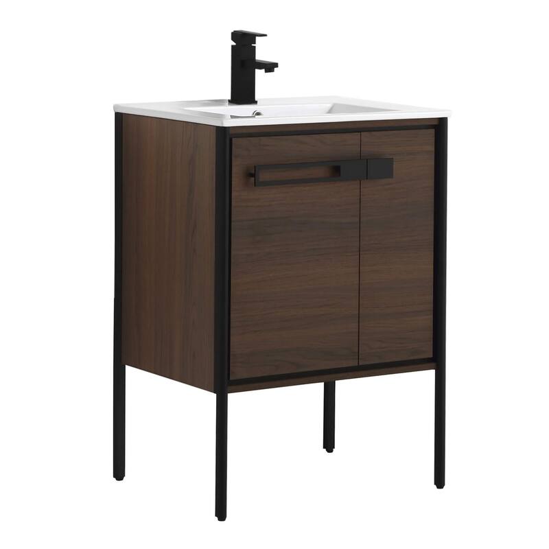 Fine Fixtures Oakville Bathroom Vanity with White Ceramic Sink - 24 Inch - Walnut Ebony - Black Hardware