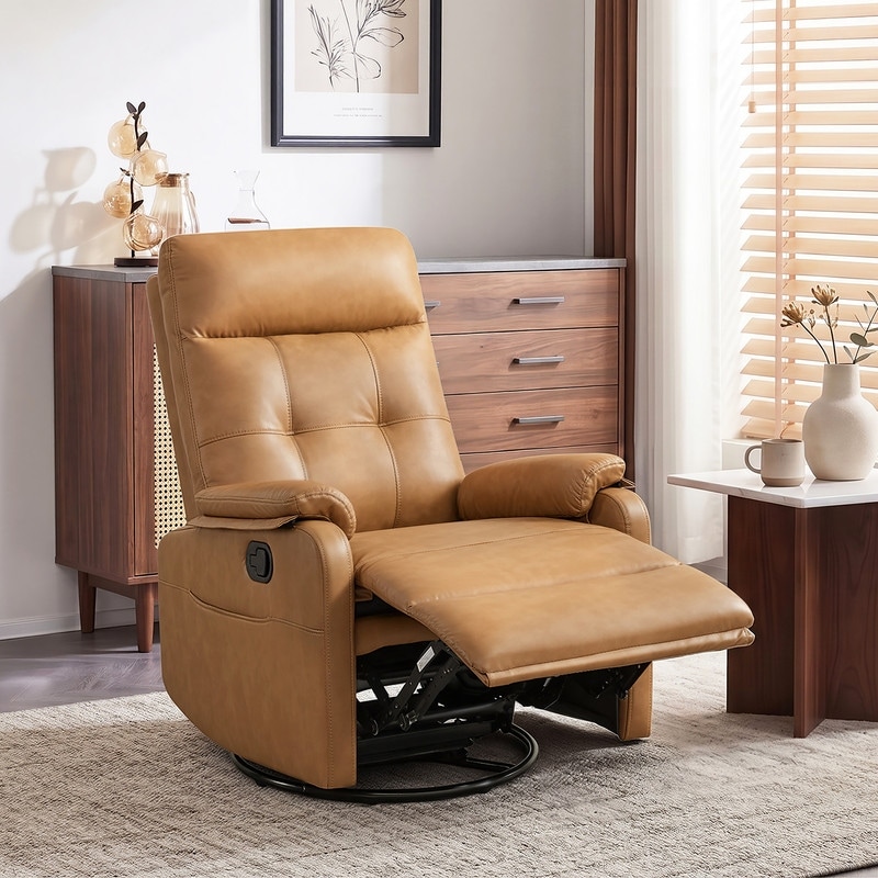 Spruce & Spring Modern Leather Swivel Glider Recliner Chair with Fold-Down Tray Table