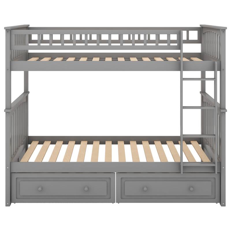 Wooden Bunk Bed with 2 Drawers and Ladder