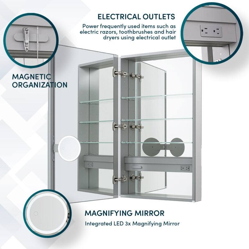 AQUADOM Royale Medicine Cabinet Defogger, 3X LED Lighted Vertically Adjustable Magnifying Mirror, Electrical Outlets.