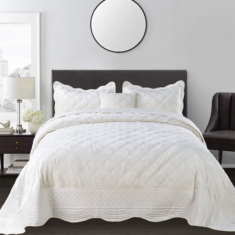 Serenta Supersoft Microplush Quilted 4 Pieces Bedspread Coverlet Set - Antique White - Oversized King