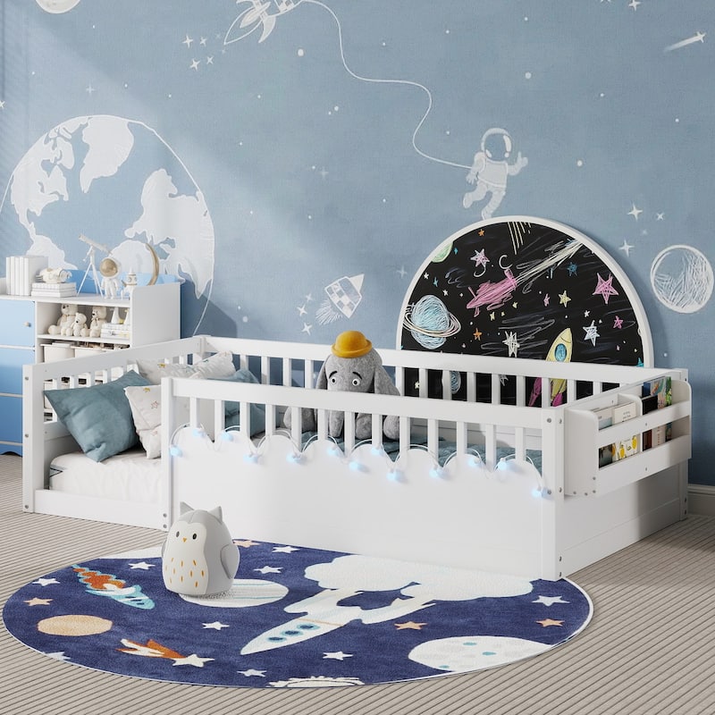 Montessori-Style Floor Bed with High Safety Rails‌ – Wooden Toddler Bed Featuring Built-In Storage Shelf and Soft Lighting - White - Twin