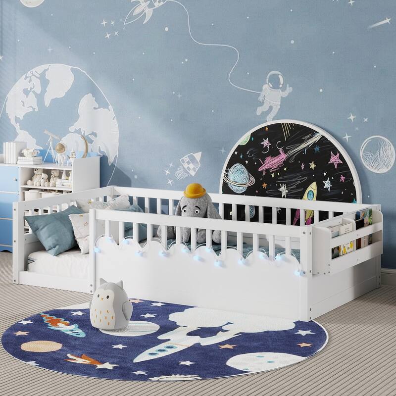 Twin Montessori Floor Bed Frame with High Rails, Wood Kids Floor Beds with Light and Storage Shelf, Natural