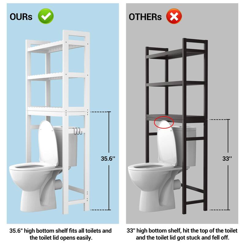 Over The Toilet Storage Shelf, Bamboo 3-Tier Above Toilet Storage Rack with 3 Hooks