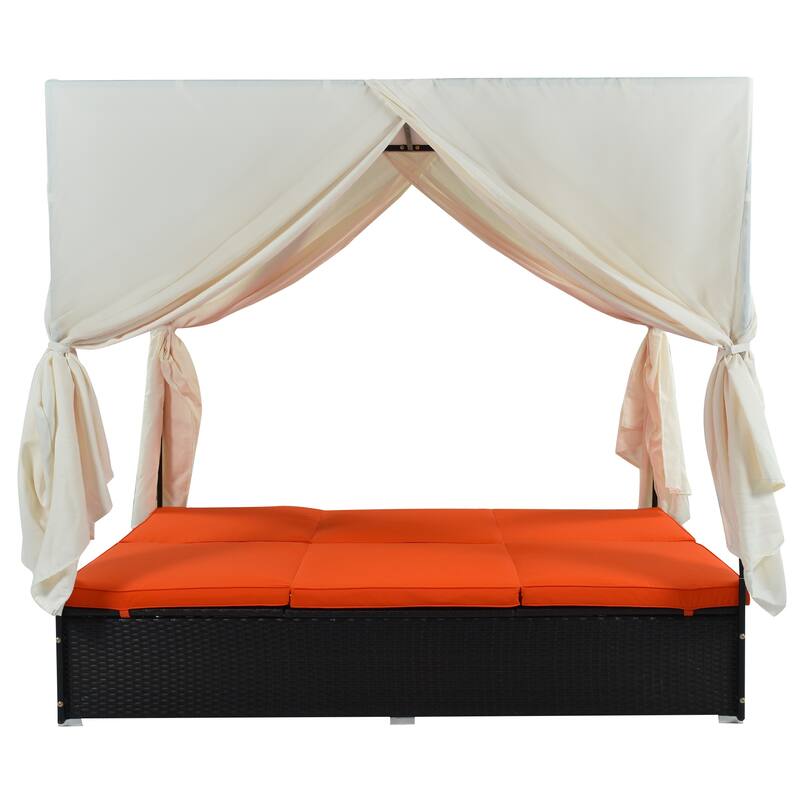 Outdoor PE Rattan Sunbed Daybed with Canopy & Cushions, Patio Wicker Sofa Bed Adjustable Reclining Sun Lounger