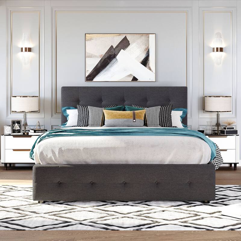 Queen Size Upholstered Platform Bed with 2 Drawers & Twin XL Trundle - Dark Gray