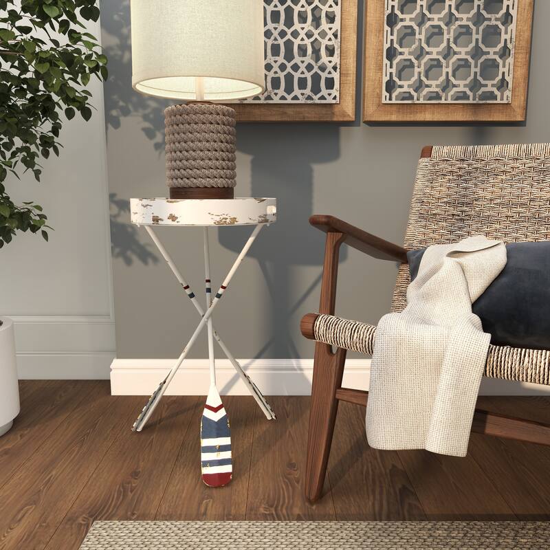 Metal Paddle Distressed Striped Accent Table with Navy and Red Striped Oar Legs - White - Roche River Decor