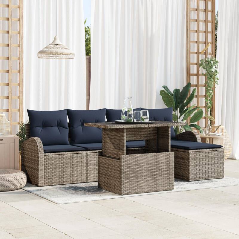 vidaXL 6 Garden Sofa Set with Cushions Black/Brown/Grey Poly Rattan - 90.9 x 24.4 x 27.2 - Grey