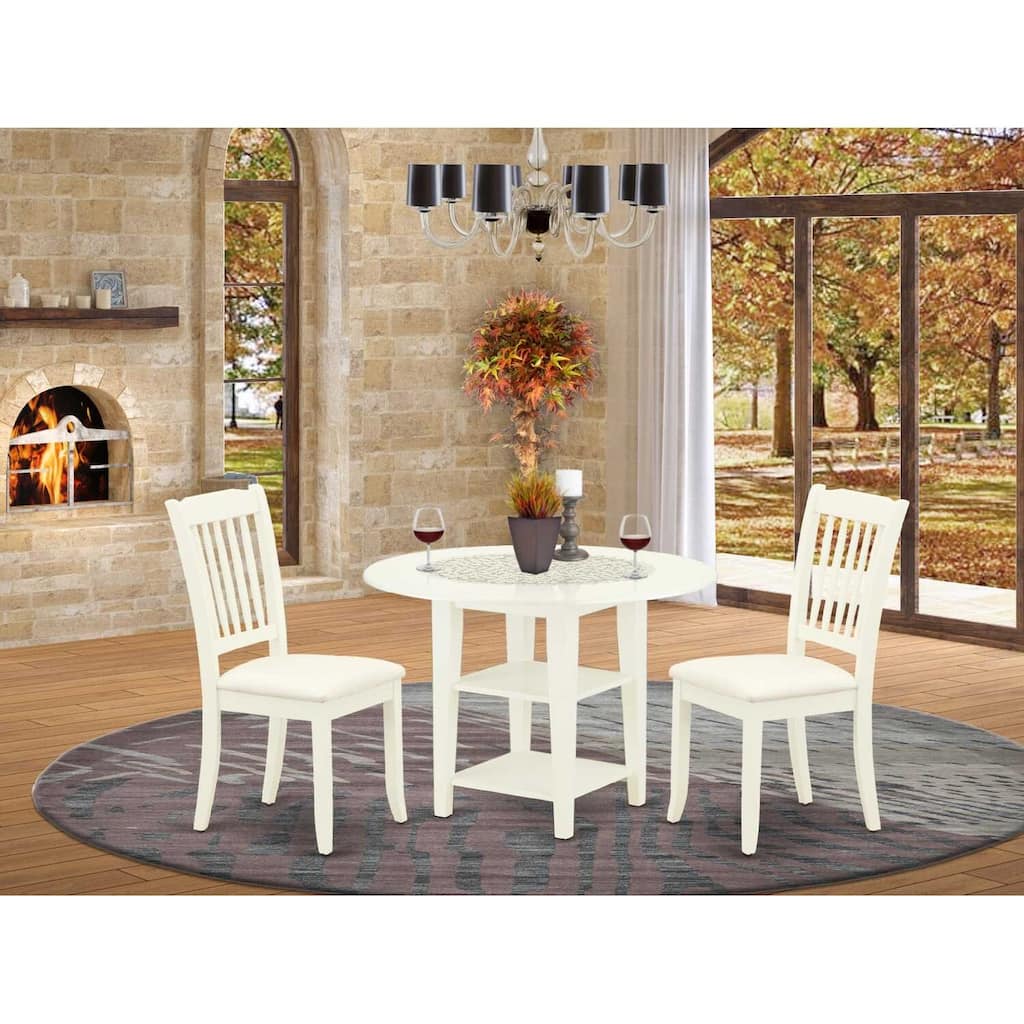 HomeStock 3-Piece Linen White Finish Round Solid Wood Top With Dropleaf Dining Table Set