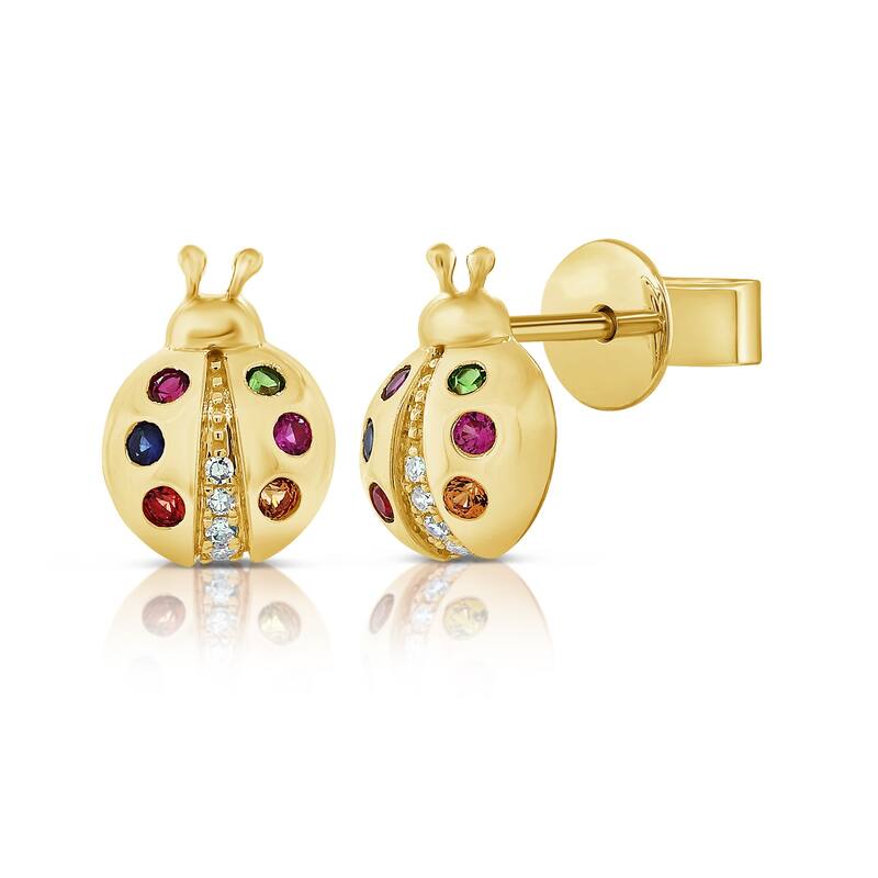 Joelle Collection Ladybug Stud Earrings Multi Sapphire & Diamond 14K Gold - Multi - Multi-Stone - Yellow