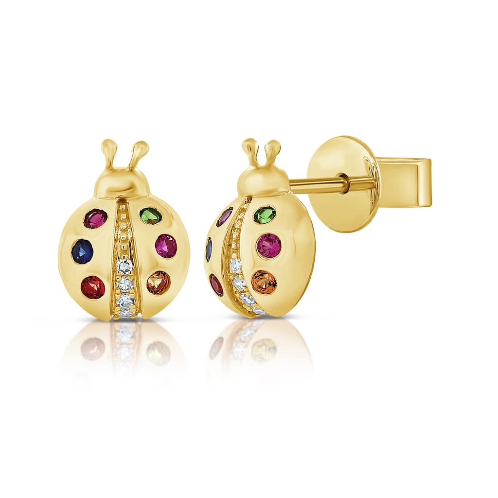 Joelle Collection Ladybug Stud Earrings Multi Sapphire & Diamond 14K Gold