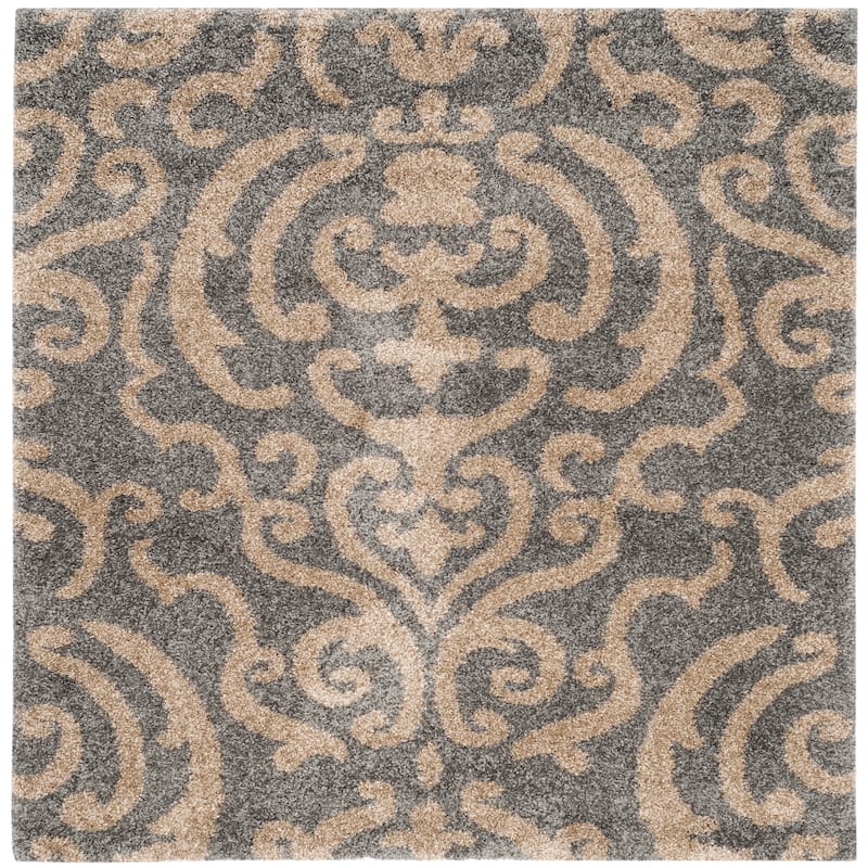 SAFAVIEH Florida Shag Frachia Ornate Damask 1.2-inch Thick Rug - 5' Square - Grey/Beige