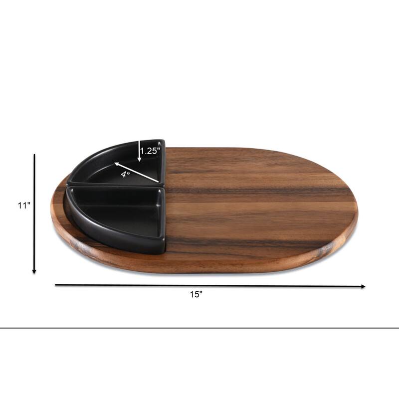 Charcuterie/ Serving Tray w/ 2 black triangular ceramic bowls