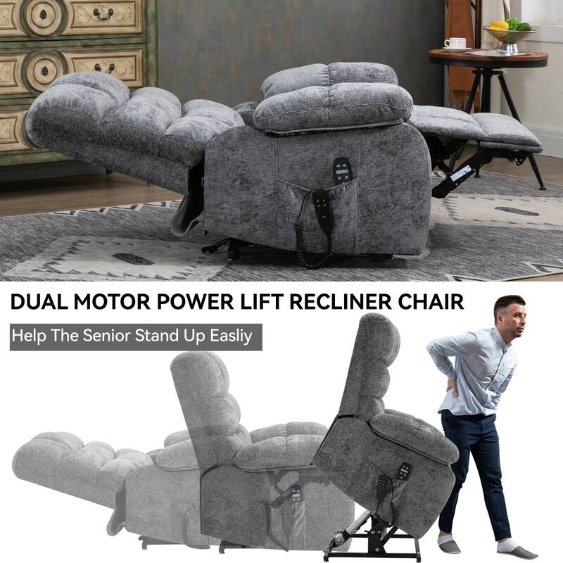 Large Dual Motor Chenille Power Lift Recliner Chair with Massage and Heat and Power-Remote, Infinite Position