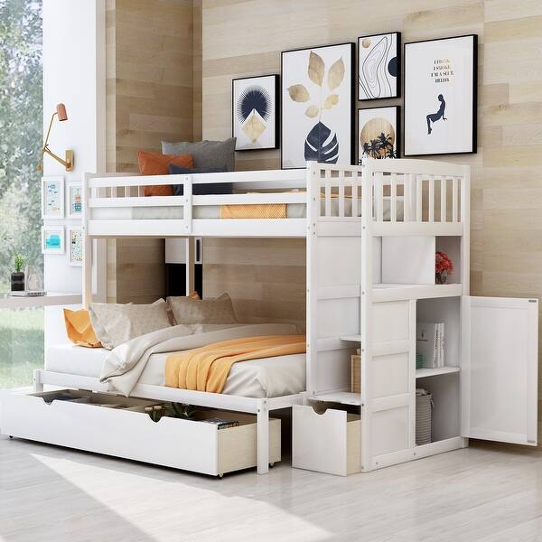 slide 2 of 20, Twin over Full Bunk Bed, Convertible Bottom Bed, Staircase with Storage and Drawers White