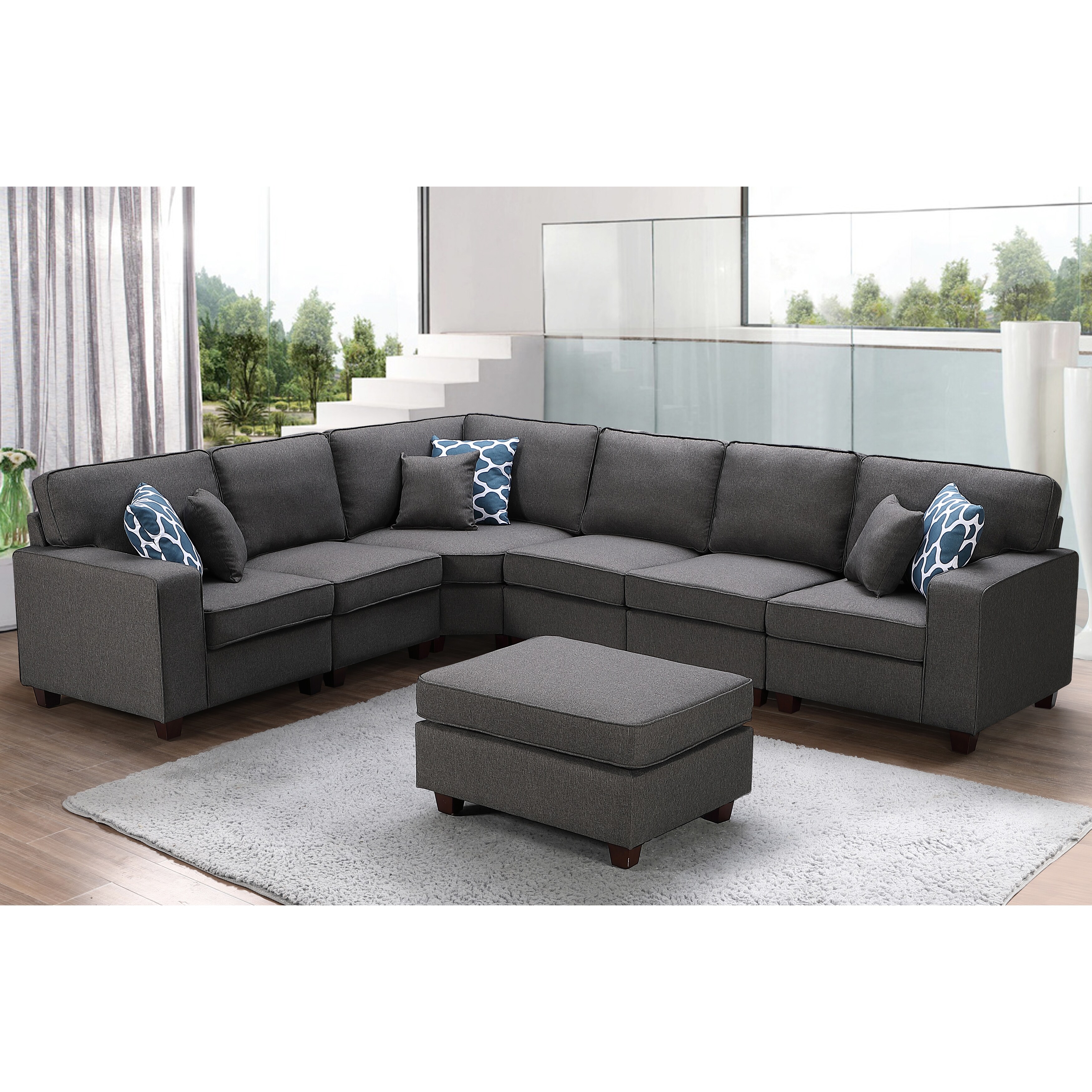 Casanova 7 Piece Dark Gray Linen Modular Sectional Sofa And Ottoman Overstock 30081703