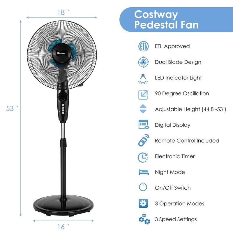 Costway 16'' Adjustable Oscillating Pedestal Fan Dual Blades w/Remote