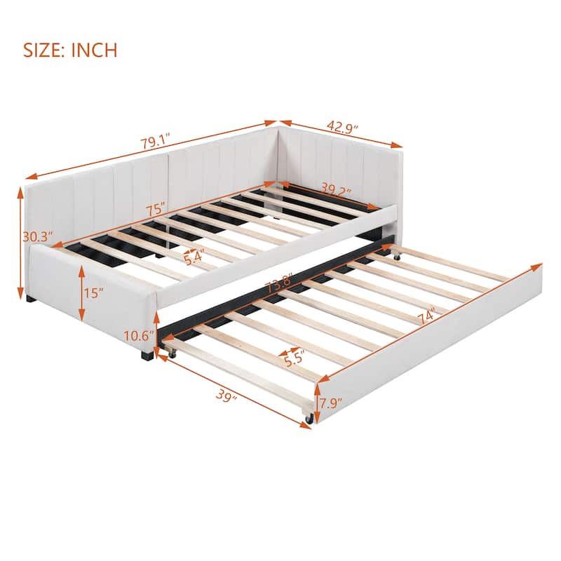 Upholstered Daybed with Trundle Twin Size Sofa Bed Frame No Box Spring Needed