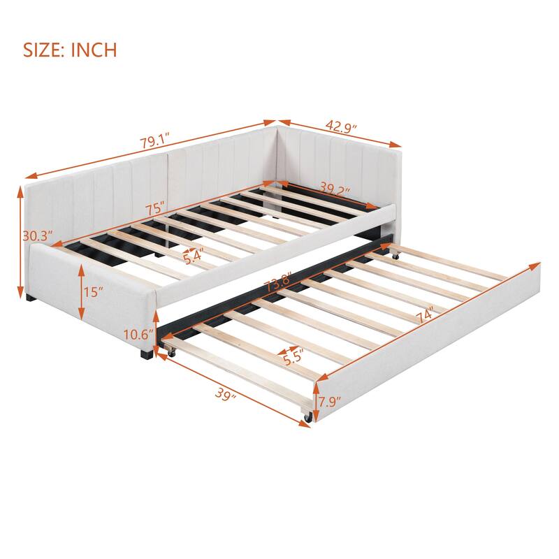 Upholstered Daybed with Twin Size Trundle, Twin Size Linen Fabric Sofa Bed Frame with L-Shaped Headboard, No Box Spring Needed