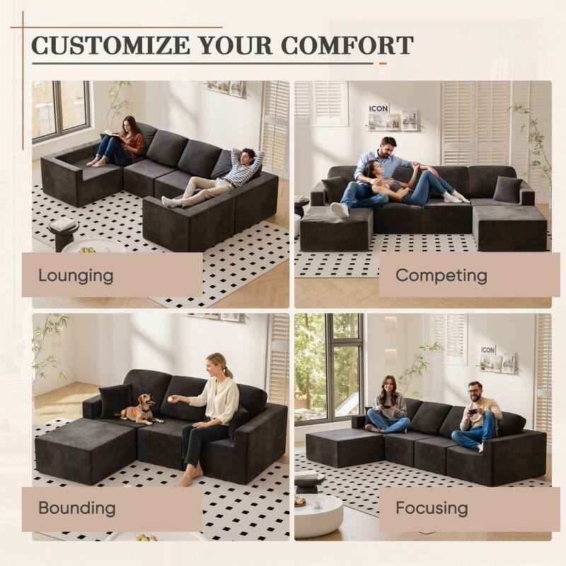 L Shaped Modular Sectional Couch, 126" Boneless Couches for Living Room, Modern Cloud Couch with Chaise Lounge