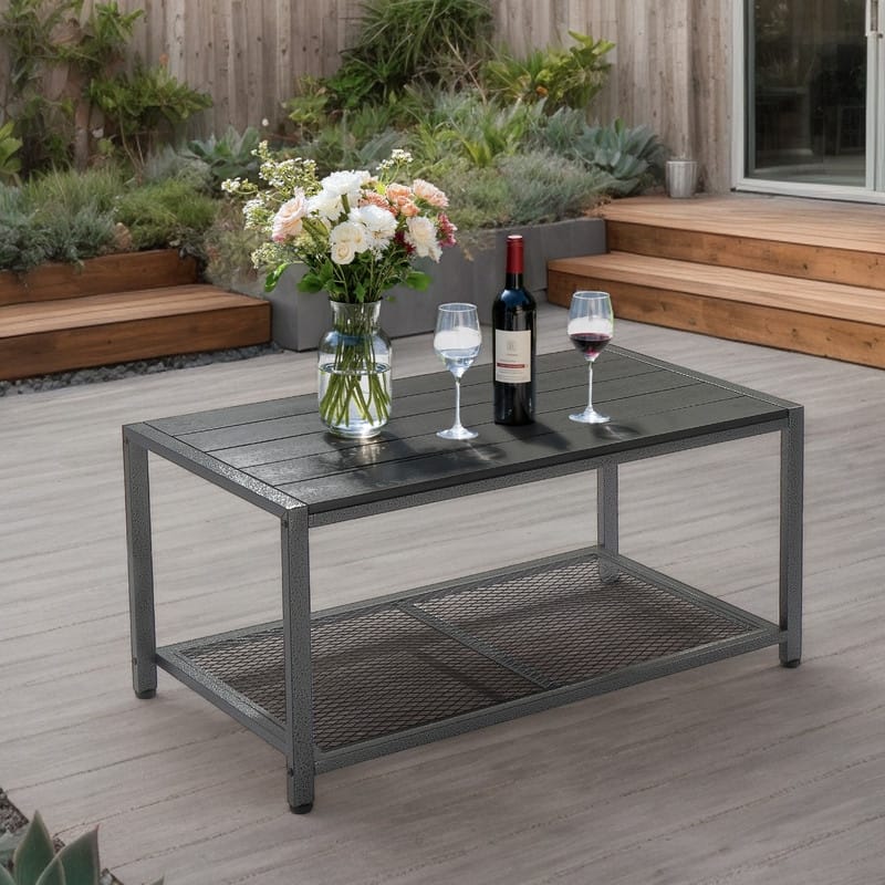 35 in Black Rectangular Metal Outdoor Coffee Table, 2-Tier Space-Saving Patio Table - Black