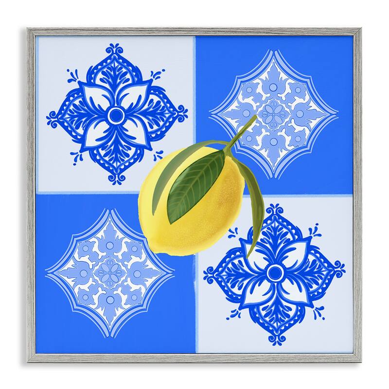 Stupell Lemon over Geometric Tiles Framed Giclee Art Design By Ashley Singleton - 17 x 17 - Grey