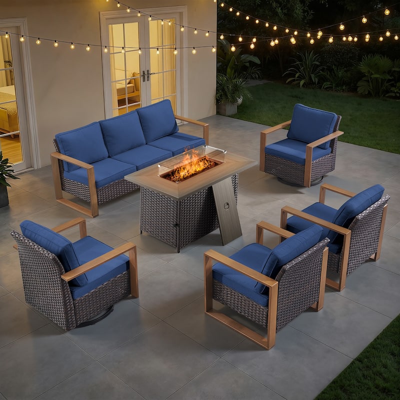 Meyreso Wicker Outdoor Patio Fire Pit Set with Swivel Gliders and Olefin Cushions - Brown / Navy Cushions - 6-Piece