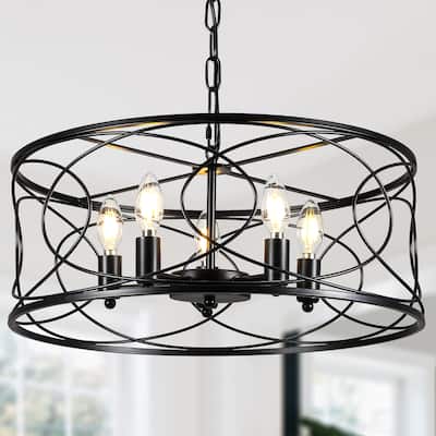 CurveCurio 20" Matte Black Industrial Caged Lights w 5 Lights, Adjustable Hanging Chain up to 70 inch for Dinging Area and Foyer