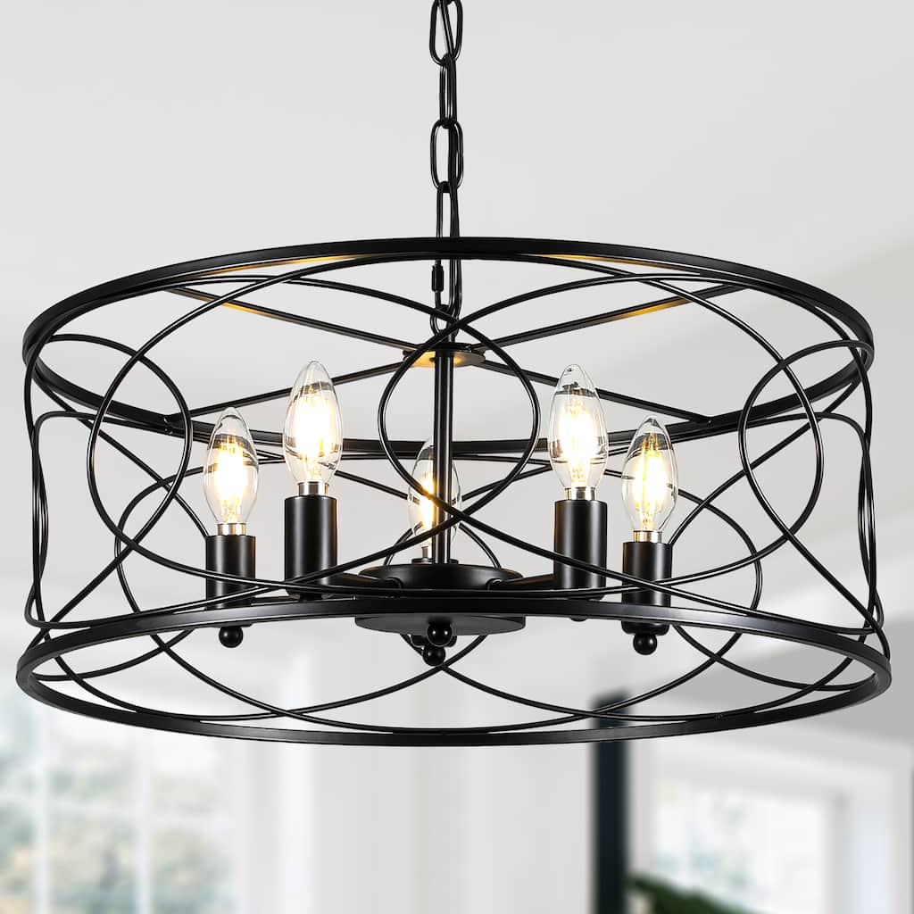 CurveCurio 20" Matte Black Industrial Caged Lights w 5 Lights, Adjustable Hanging Chain up to 70 inch for Dinging Area and Foyer