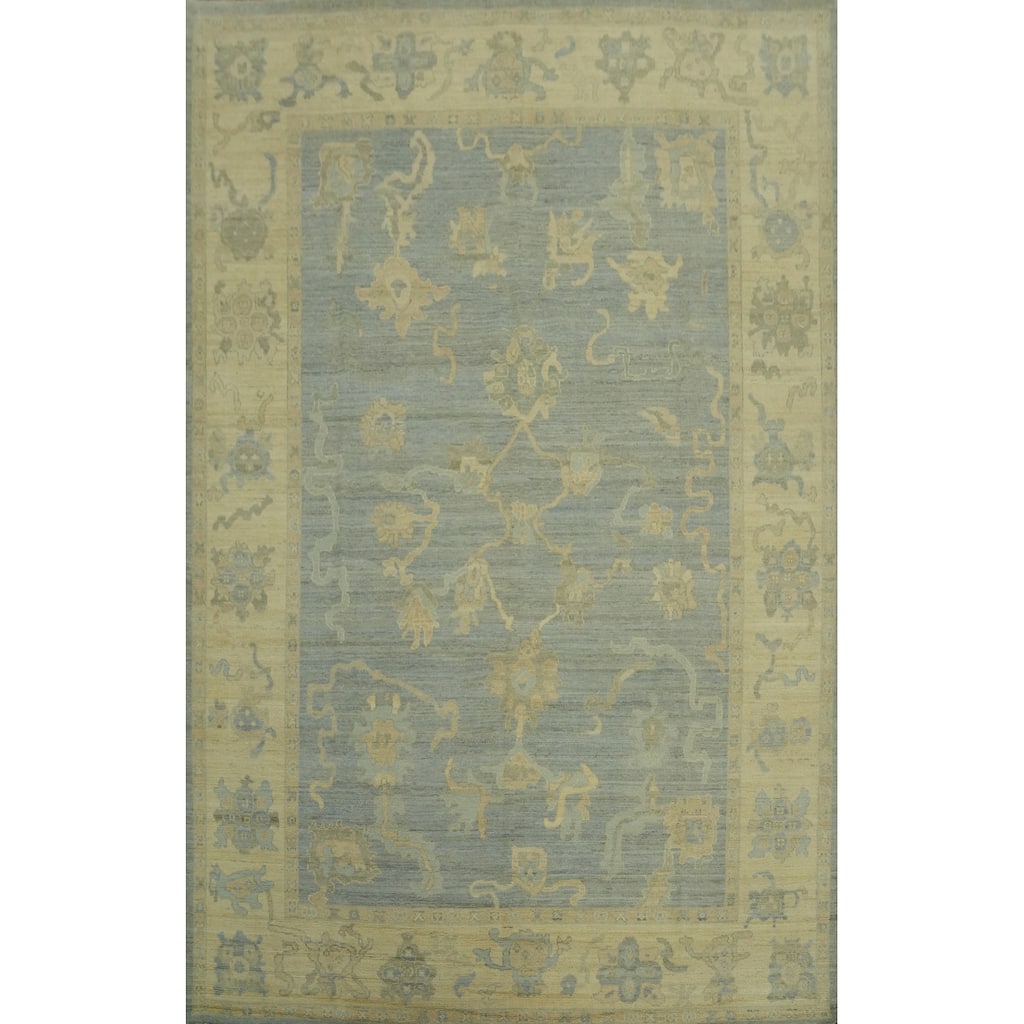 Handmade Wool Oushak Vegetable Dye Area Rug, Floral Geometric Carpet - 11' 10'' X 9' 2''