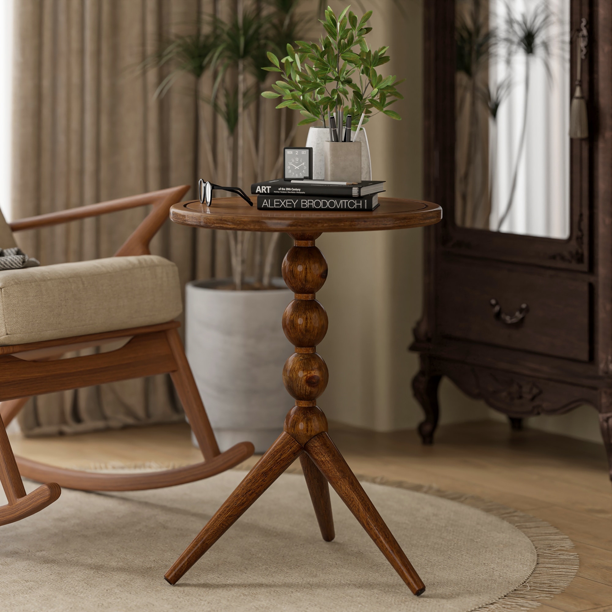 COZAYH Round Vintage Side Table, Solid Fir Wood Base, Farmhouse Accent Table for Small Areas, Natural Wood Finish