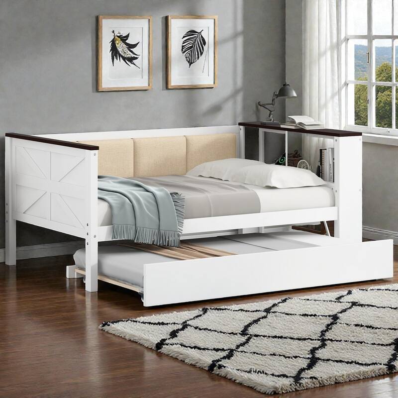 Wood Daybed with Storage Shelves, Upholstered Backrest, USB Charging Station and Trundle - White - Twin