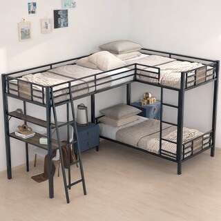 L-Shaped Twin Bunk Kids Bed Frame with Loft, Desk & Shelves, Easy Assembly, Brown