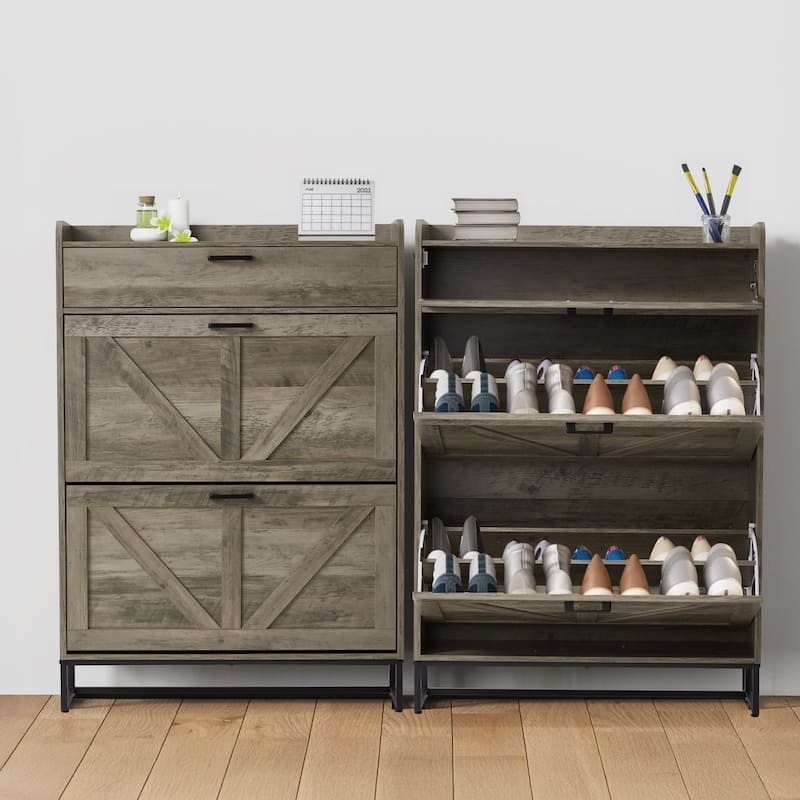 AVAWING Freestanding Farmhouse Shoe Cabinet - 2 Flip Drawers & Adjustable Shelves, Entryway Slim Storage with Side Hooks.