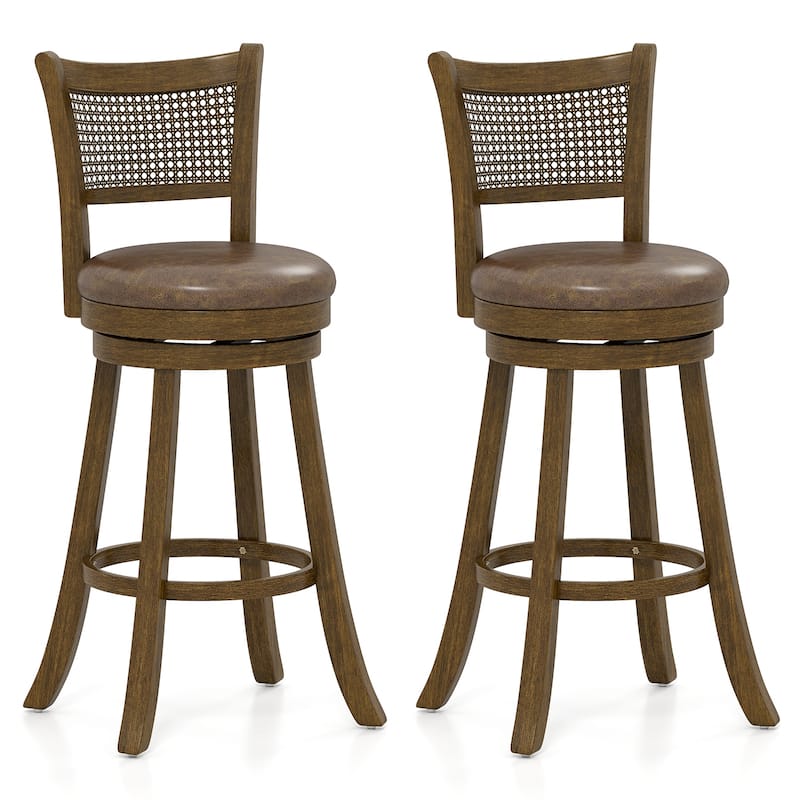 Gymax Set of 2 Bar Stools 30'' Swivel Bar Chairs w/ PE Rattan Backrest - Bar Height - Brown - Set of 2