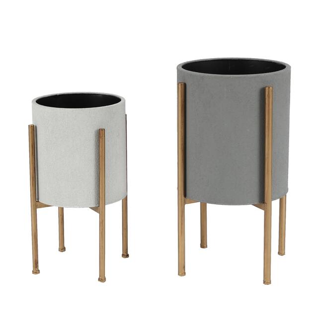 Grey Round Metal Planters and Gold Stand (Set of 2)