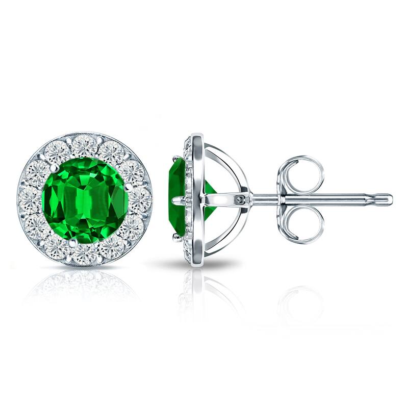 Auriya 14k Gold Lab Grown Gemstone Green Emerald Stud Earrings Round 0.25 to 5.00 ct. tw. Halo Push-Back - 5.00ct tgw. - White